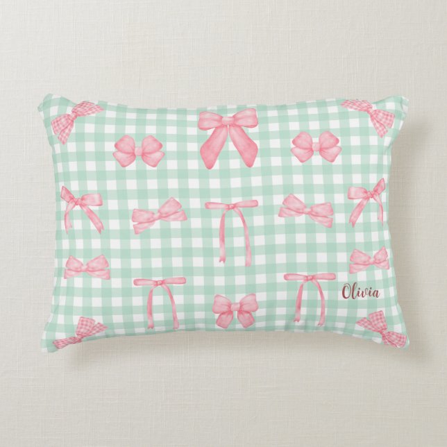 Pastel Green Gingham Pink Bow   Decorative Cushion (Front)