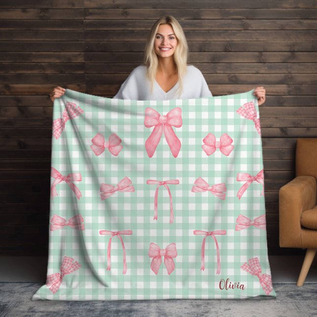 Pastel Green Gingham Pink Bow Fleece Blanket (Creator Uploaded)