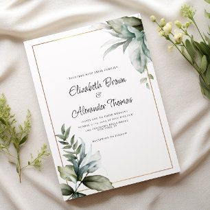 Pastel green gold beautiful leaves floral wedding  invitation