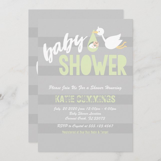 Pastel Green & Grey, Stork Baby Shower Invitation (Front/Back)