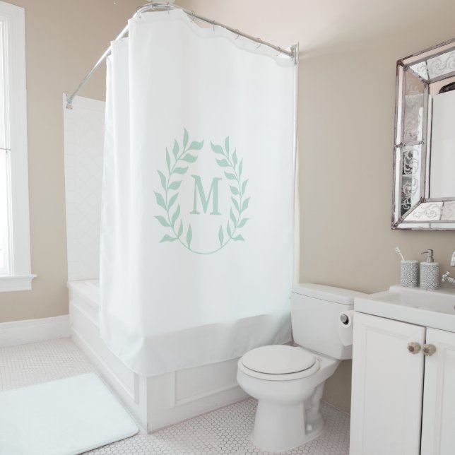 Pastel Green Laurel Garland Wreath Monogram Shower Curtain (In Situ)