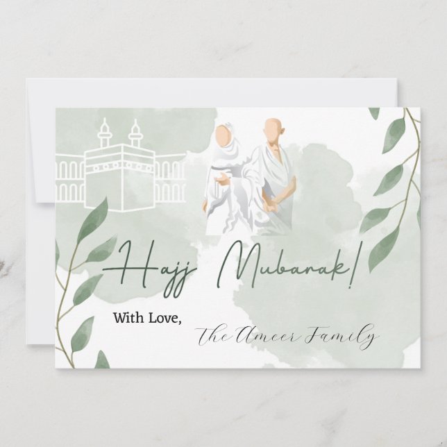 Pastel green leaves with Hajj Mubarak message Card (Front)
