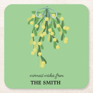 Pastel green mistletoe square paper coaster