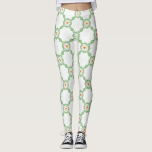 Pastel Green & Orange Floral Leaf Pattern Leggings