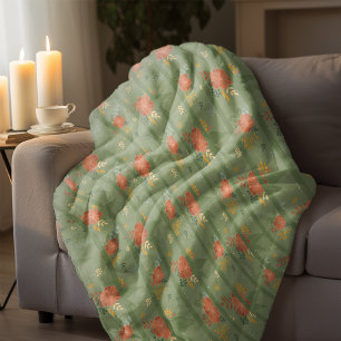 Pastel green orange floral stripe pattern  fleece blanket