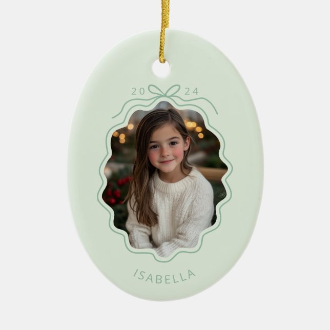 Pastel Green Photo Simple Bow Ornament (Front)