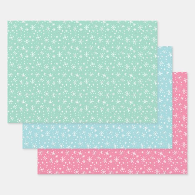 Pastel Green, Pink, and Blue Snowflake Holiday Wrapping Paper Sheet (Set)