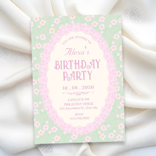 Pastel green pink floral birthday invitation