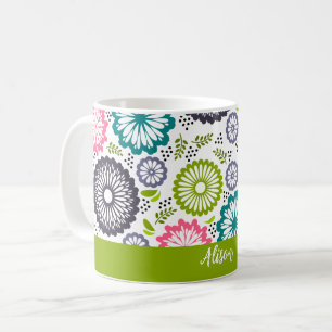 Pastel green pink teal flowers Vintage Floral Name Coffee Mug