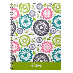 Pastel green pink teal flowers Vintage Floral Name Notebook