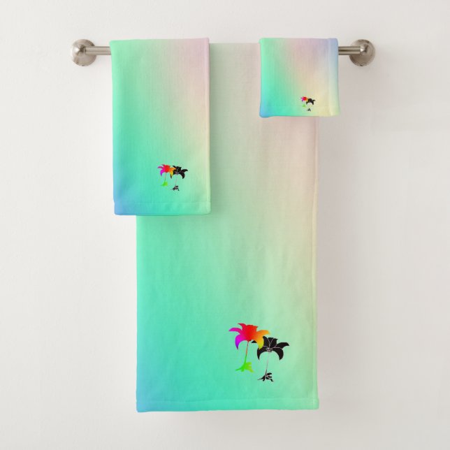 Pastel Green Rainbow Black Floral Gift  Bath Towel Set (Insitu)