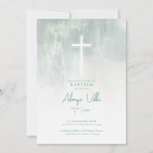 Pastel Green Religious Catholic Baptism Invitation