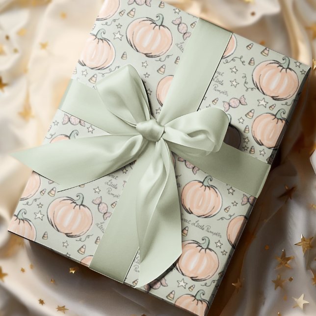 Pastel Green Sweet Little Pumpkin Baby Wrapping Paper (Adorable Baby Halloween Illustrations Hand-drawn by Nathalie Portet. Soft Pastel Green Background. )