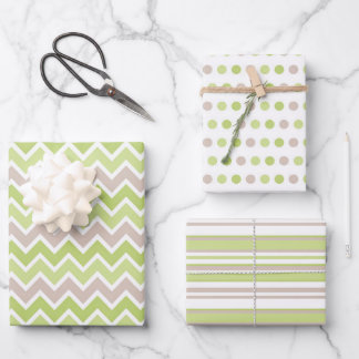 PASTEL GREEN & TAN STRIPES POLKA DOTS ZIG ZAG WRAPPING PAPER SHEET