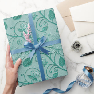 Pastel Green Tones Lotus Embossed Look Wrapping Paper