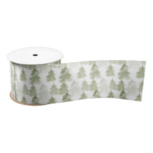 Pastel Green Watercolor Christmas Tree Pattern Satin Ribbon