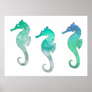 Pastel Green Watercolor Seahorses Poster