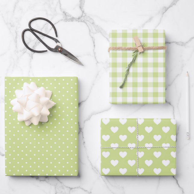 PASTEL GREEN & WHITE HEARTS POLKA DOTS CHECKS WRAPPING PAPER SHEET (Front)