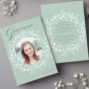 Pastel Green White Wildflower Wreath Graduation Announcement