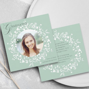 Pastel Green White Wildflower Wreath Graduation Announcement