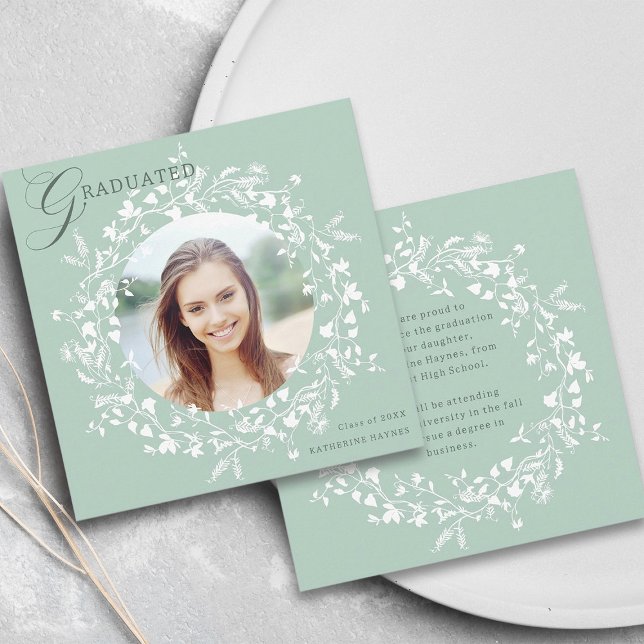 Pastel Green White Wildflower Wreath Graduation Announcement (Front & Back)