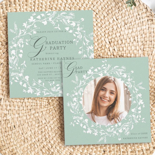 Pastel Green White Wildflower Wreath Graduation Invitation (Front & Back)