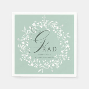 Pastel Green White Wildflower Wreath Graduation  Napkin
