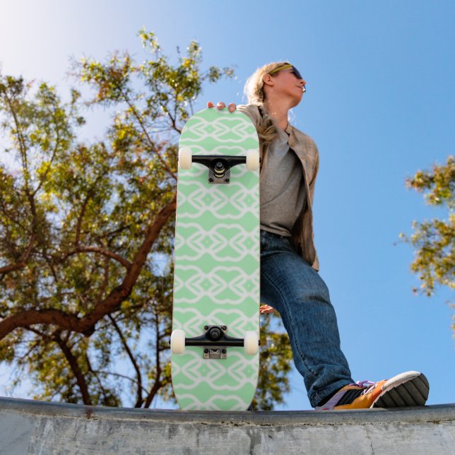 Pastel green with white fencing pattern on skateboard (Outdoor 1)