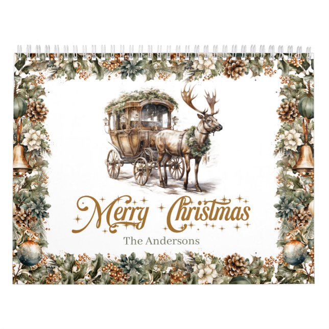 Pastel green wreath and gold Reindeer and sleigh Calendar (Cover)