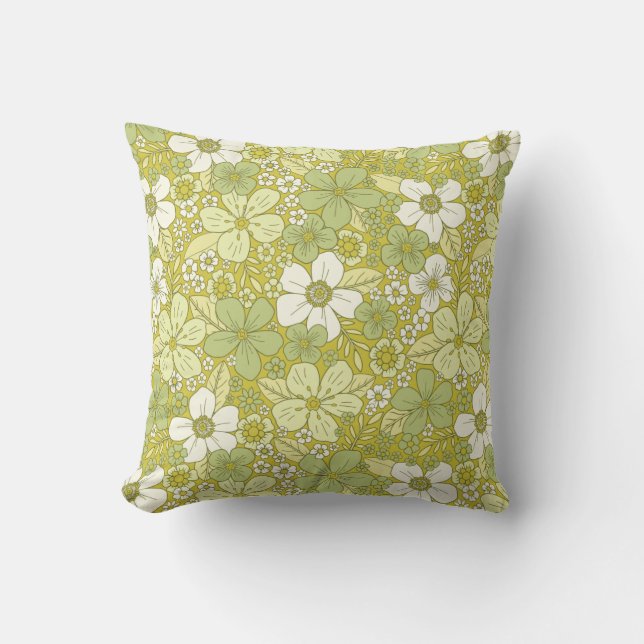 Pastel Green & Yellow Flower Pattern Cushion (Front)