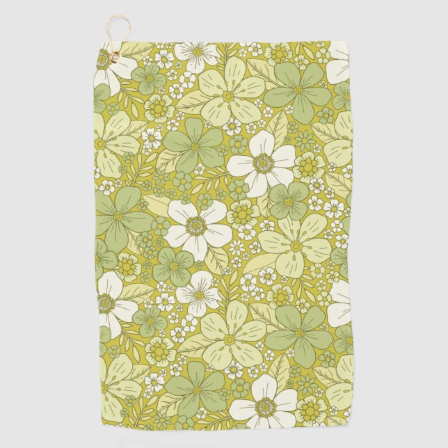 Pastel Green & Yellow Flower Pattern Golf Towel (Front)