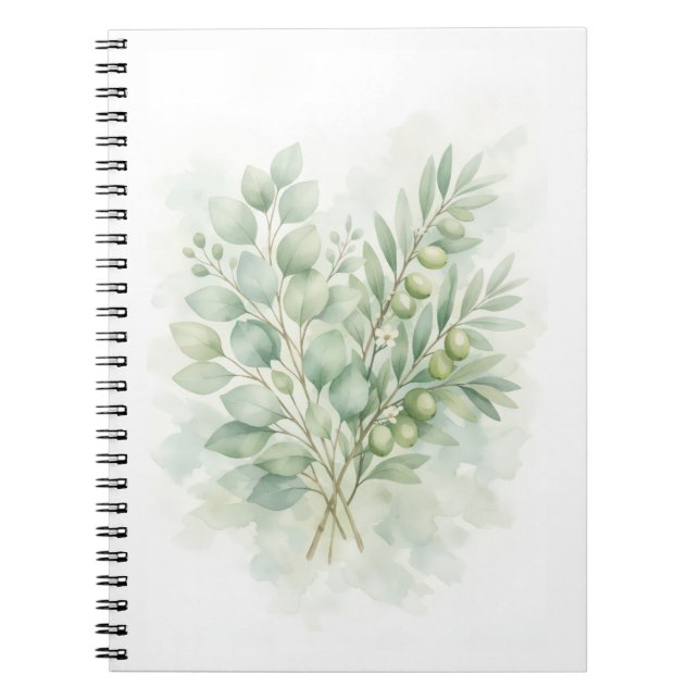 Pastel Greenery Botanical Watercolor Leaves Notebook (Front)
