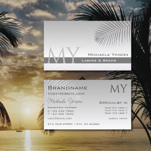 Pastel Grey Gradient and Palm Leaf with Monogram Business Card