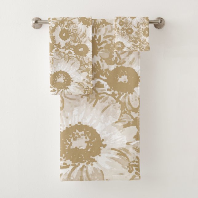 Pastel Grey Light Brown Floral Pattern Bath Towel Set (Insitu)