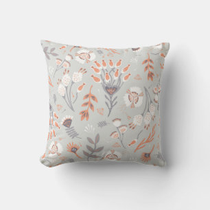 Pastel Grey Orange Floral: Vintage Elegance Cushion