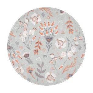 Pastel Grey Orange Floral: Vintage Elegance Cutting Board