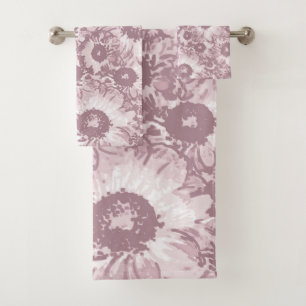 Pastel Grey Rose Pink Floral Pattern Bath Towel Set