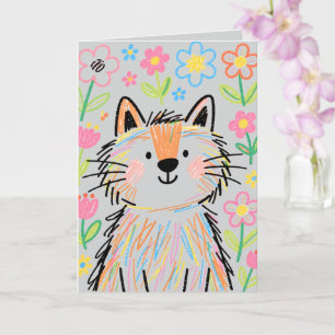 Pastel Grey Scribble Cat Greetings Card