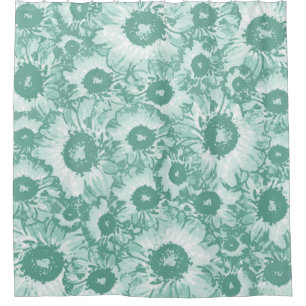 Pastel Grey Teal Green Floral Pattern Shower Curtain