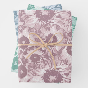 Pastel Grey Teal Green Floral Pattern Wrapping Paper Sheet