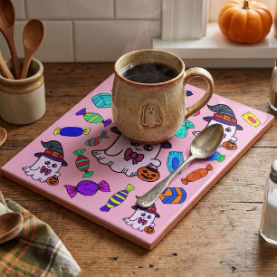 Pastel Halloween Candy & Cute Witch Ghosts Pattern Ceramic Tile
