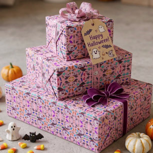 Pastel Halloween Candy & Cute Witch Ghosts Pattern Wrapping Paper