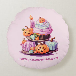 Pastel Halloween Delights – Enchanting Pastel Cake Round Cushion