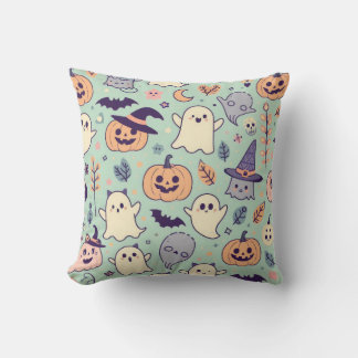 Pastel Halloween Pattern Ghost Pumpkin Bats Witch Cushion