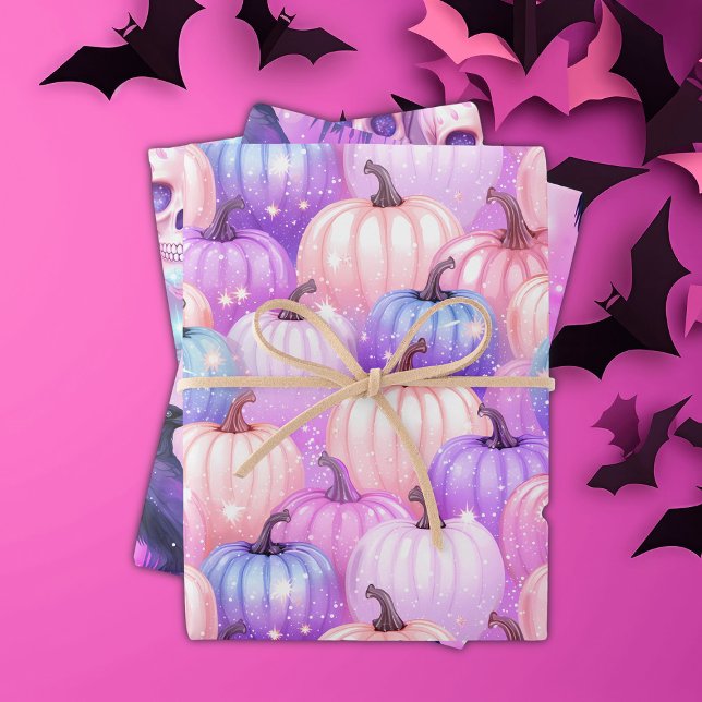 Pastel Halloween Pumpkins, Skulls, Crows, Pinks Wrapping Paper Sheet (Creator Uploaded)
