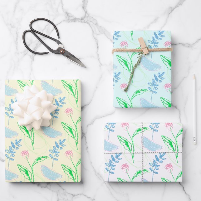 Pastel Hand-drawn Floral Pattern Wrapping Paper Sheet (Front)
