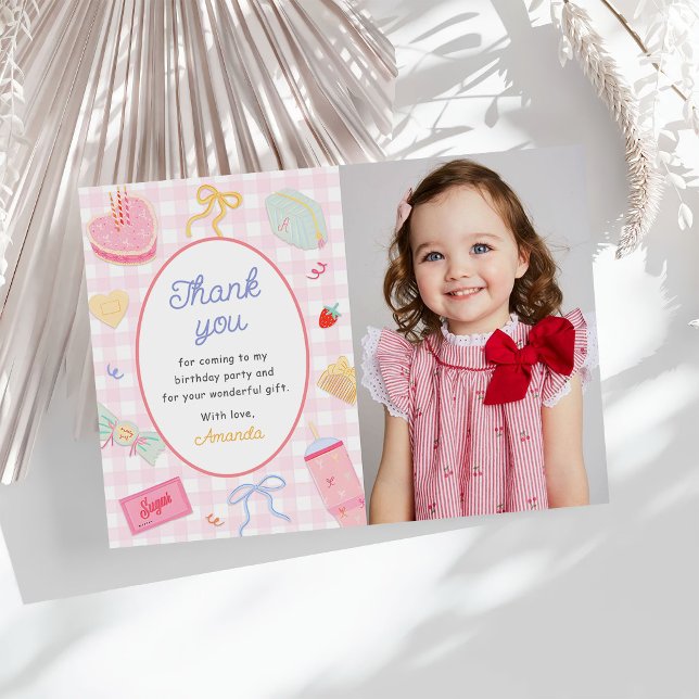 Pastel Hand Drawn Pretty Girl Birthday Party Photo Thank You Card (Creator Uploaded)
