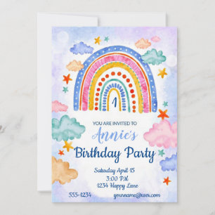 Pastel hand drawn rainbow birthday party invitation