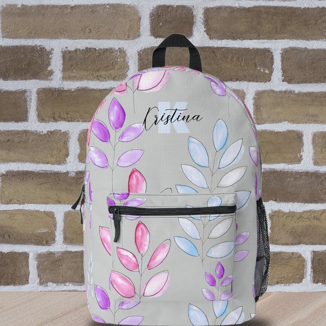 Pastel Hand-painted Watercolor Leaves on Grey  Printed Backpack (Creator Uploaded)