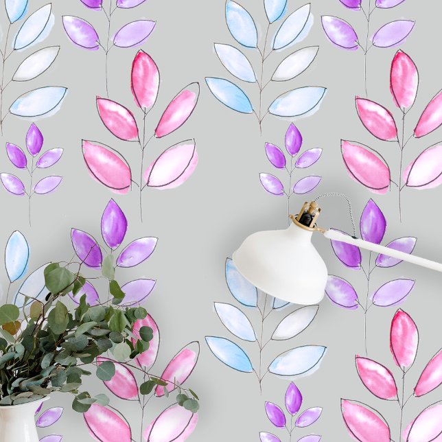 Pastel Hand-painted Watercolor Leaves on Grey Wallpaper (Creator Uploaded)